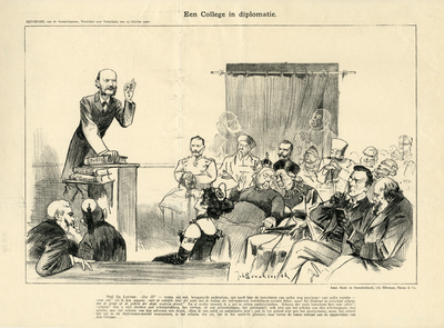 32854 Spotprent van de Utrechtse hoogleraar De Louter die een gezelschap van staatshoofden toespreekt.01-10-1900-14-10-1900